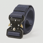 Terrabound tactical belt in Blue, coiled with the quick-release buckle facing front