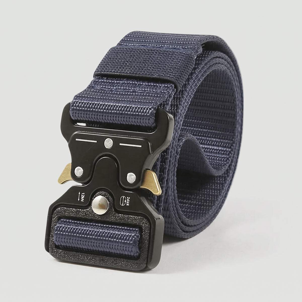 Terrabound tactical belt in Blue, coiled with the quick-release buckle facing front