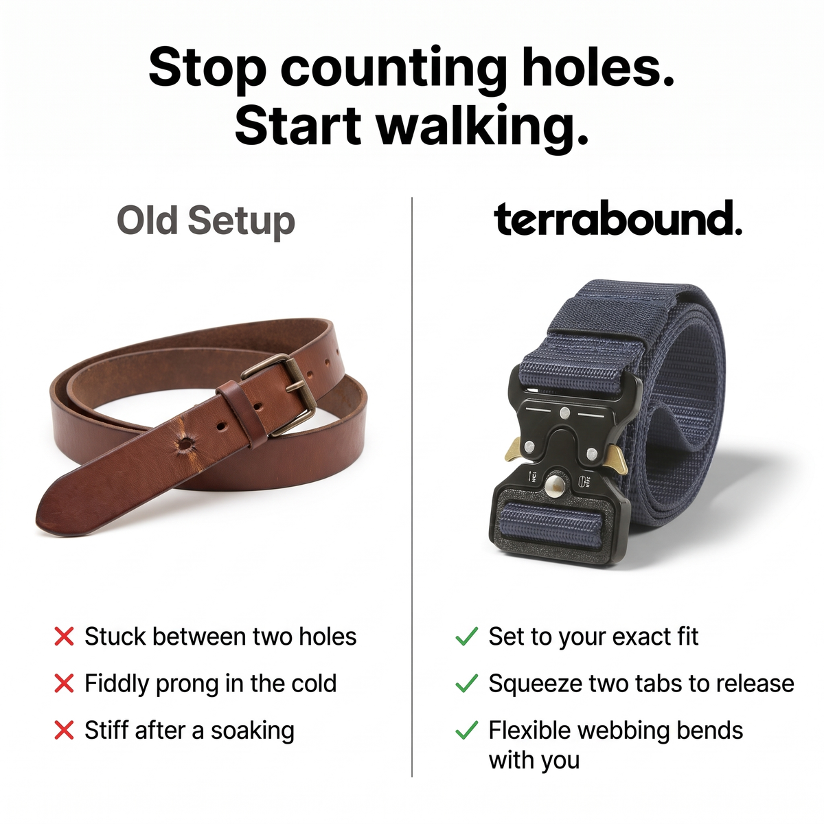 Comparison of a leather belt with holes and the Terrabound tactical belt with hole-free sizing