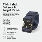 Terrabound tactical belt infographic: click it shut, set your fit, forget it's on