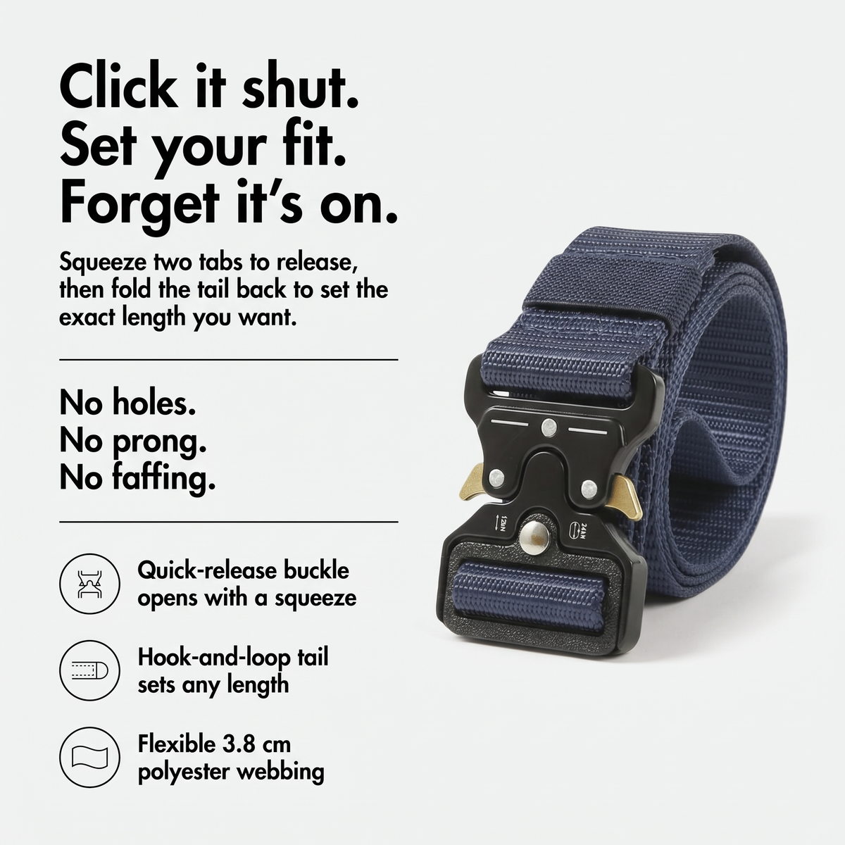 Terrabound tactical belt infographic: click it shut, set your fit, forget it's on