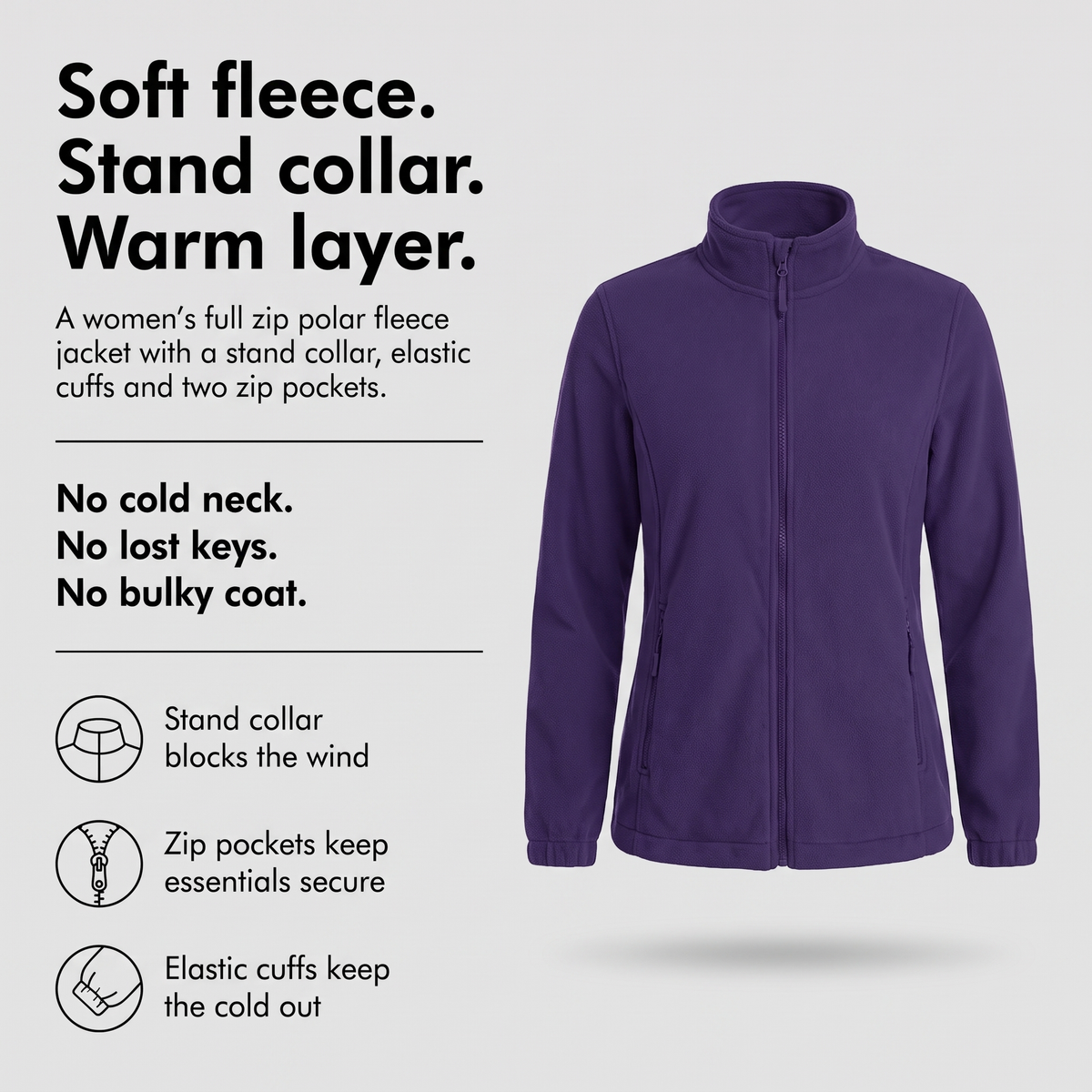 Women's fleece with a stand collar, zip pockets and elastic cuffs