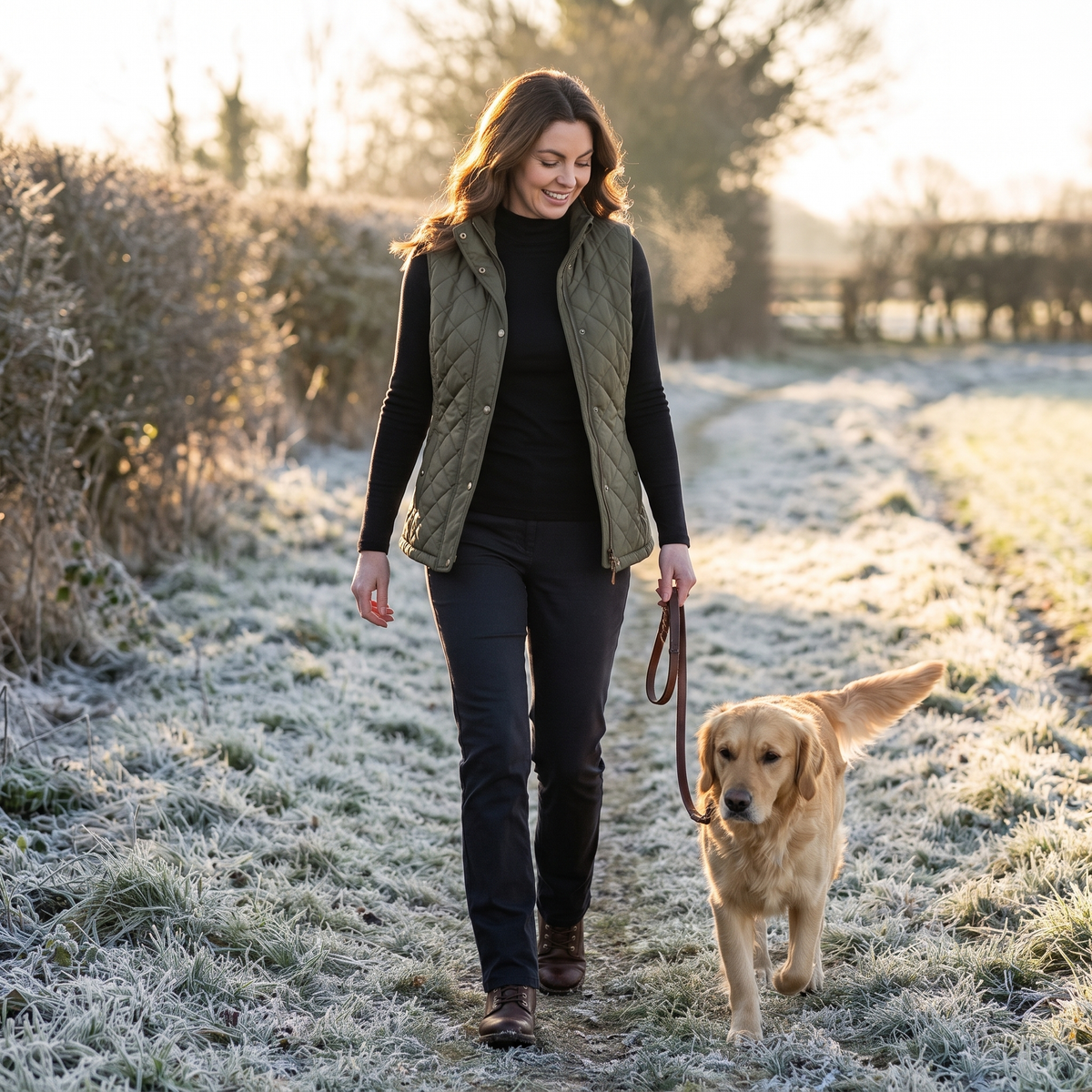 Woman in a black thermal top and gilet walking a dog on a frosty country path