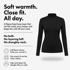 Women's thermal top features: soft fleece interior, slim stretch fit, high neck