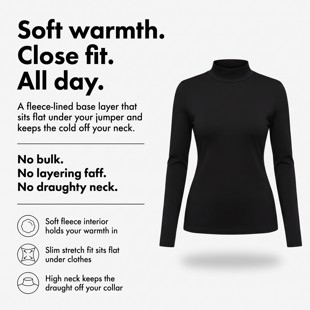 Women's thermal top features: soft fleece interior, slim stretch fit, high neck