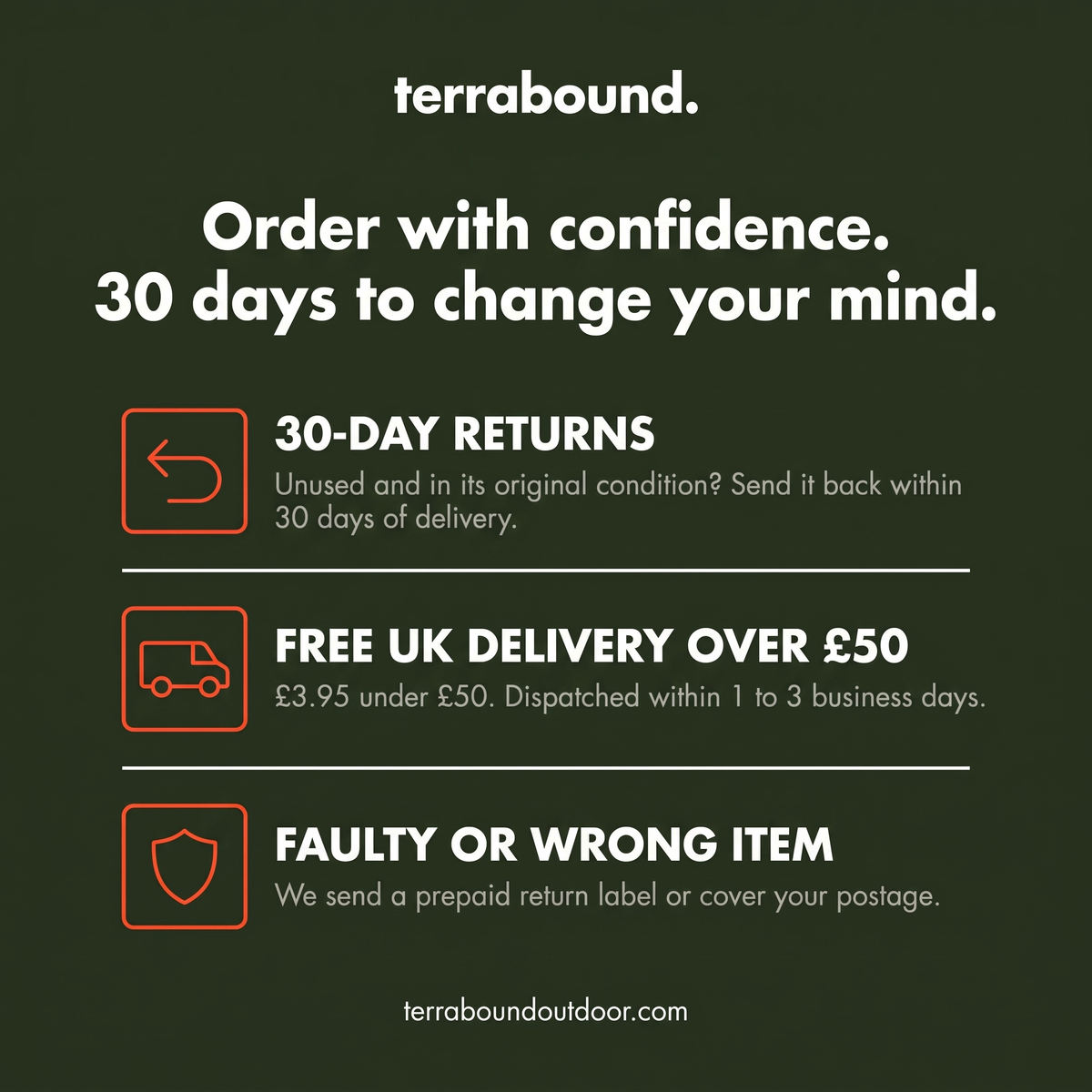 Terrabound 30-day returns and free UK delivery over 50 pounds