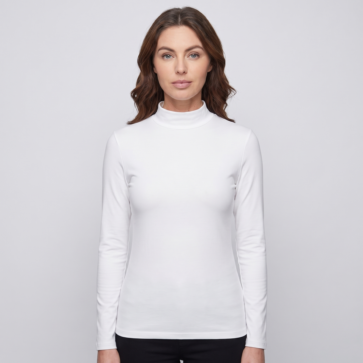 Woman wearing the white women's thermal top, front view