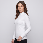 Woman wearing the white women's thermal top, three-quarter side view
