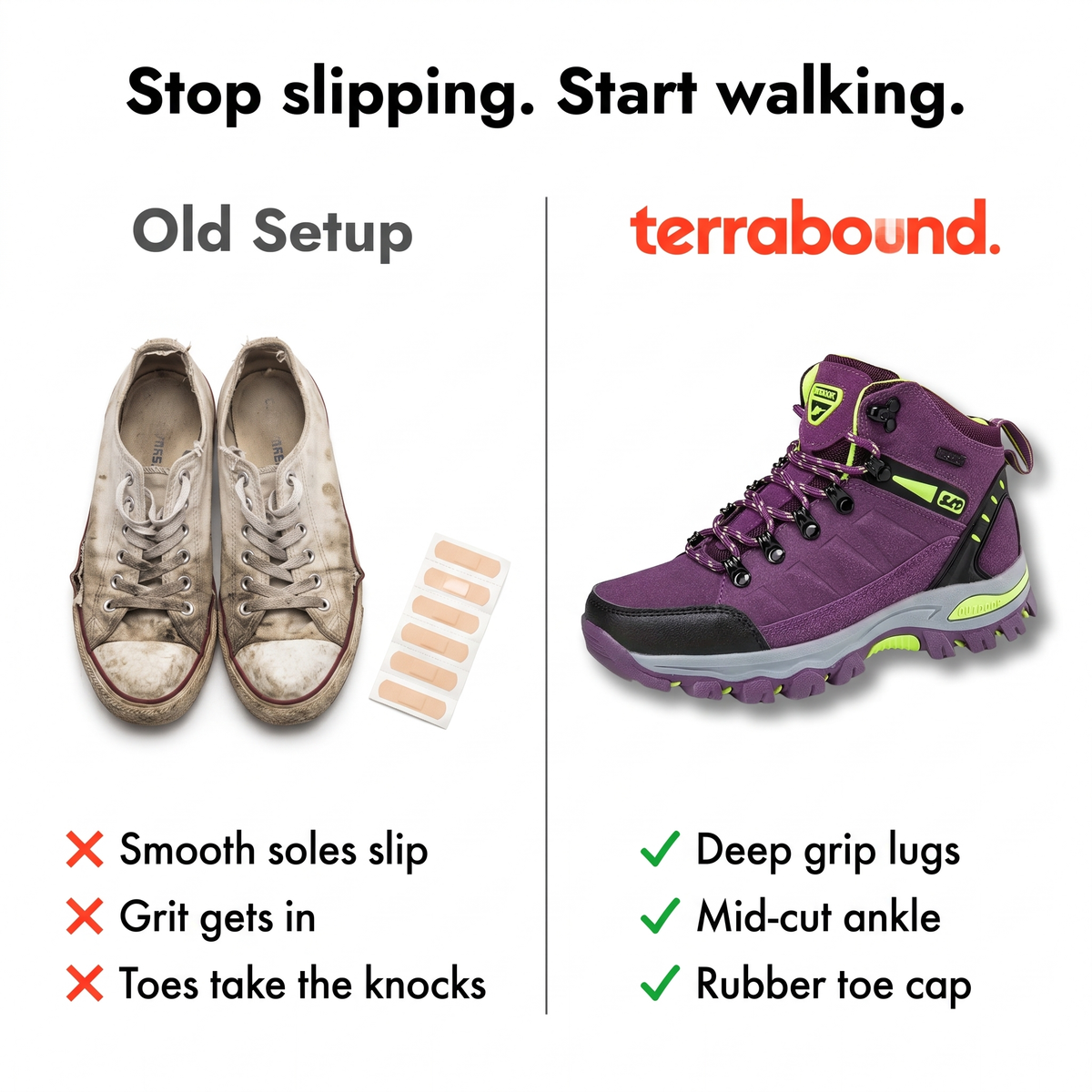 Walking boots compared with flat trainers: grip lugs, mid-cut ankle, rubber toe cap