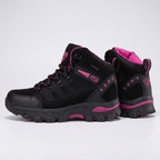Women's walking boots in black with pink trim, mid-cut lace-up pair