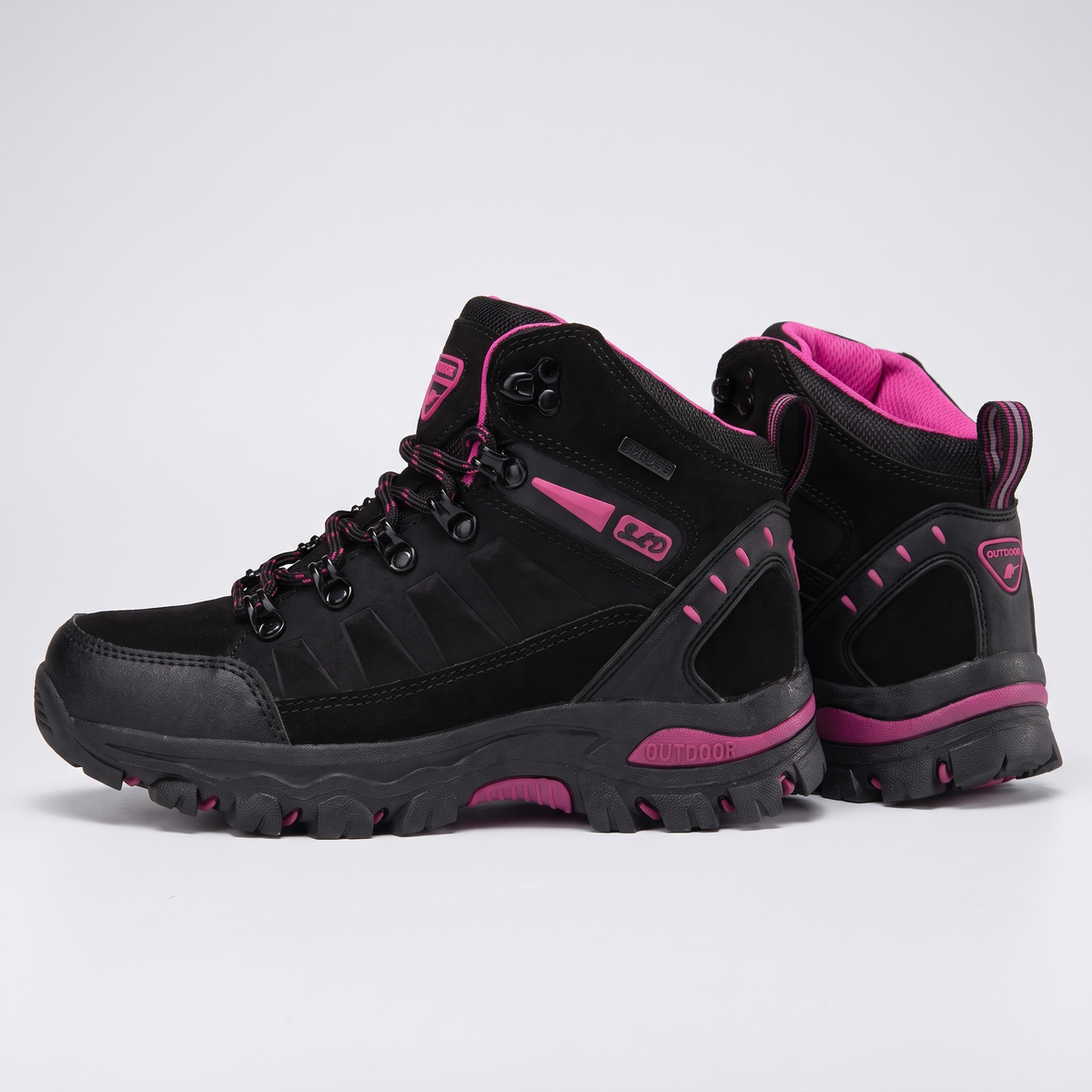 Women's walking boots in black with pink trim, mid-cut lace-up pair