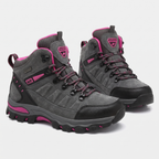 Women's walking boots in grey with pink trim, mid-cut lace-up pair