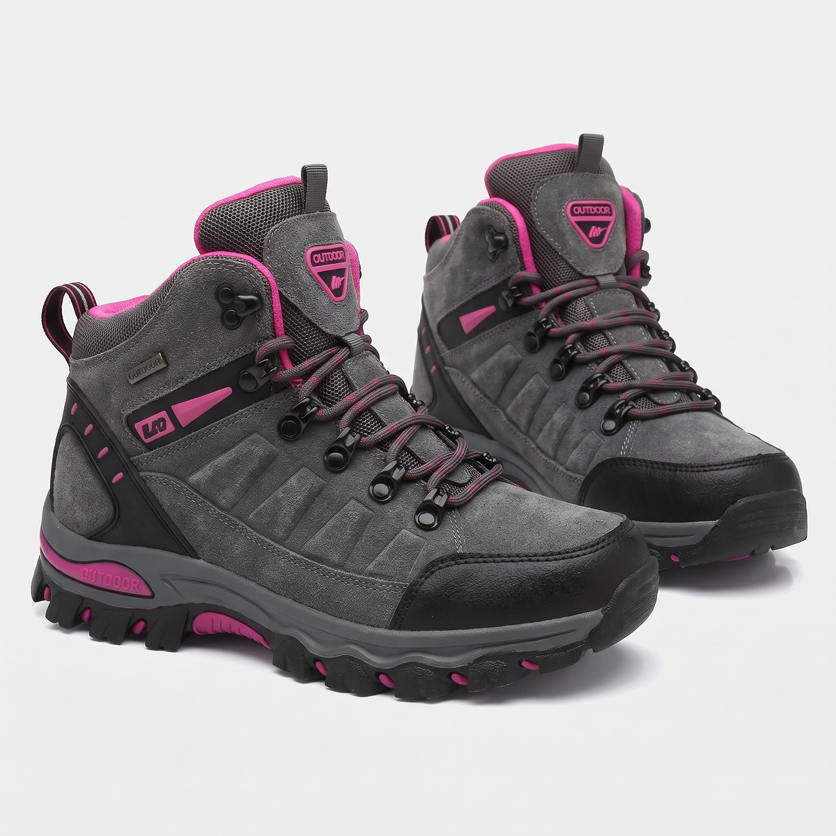 Women's walking boots in grey with pink trim, mid-cut lace-up pair
