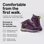Comfortable from the first walk: padded collar, deep lugs and rubber toe cap