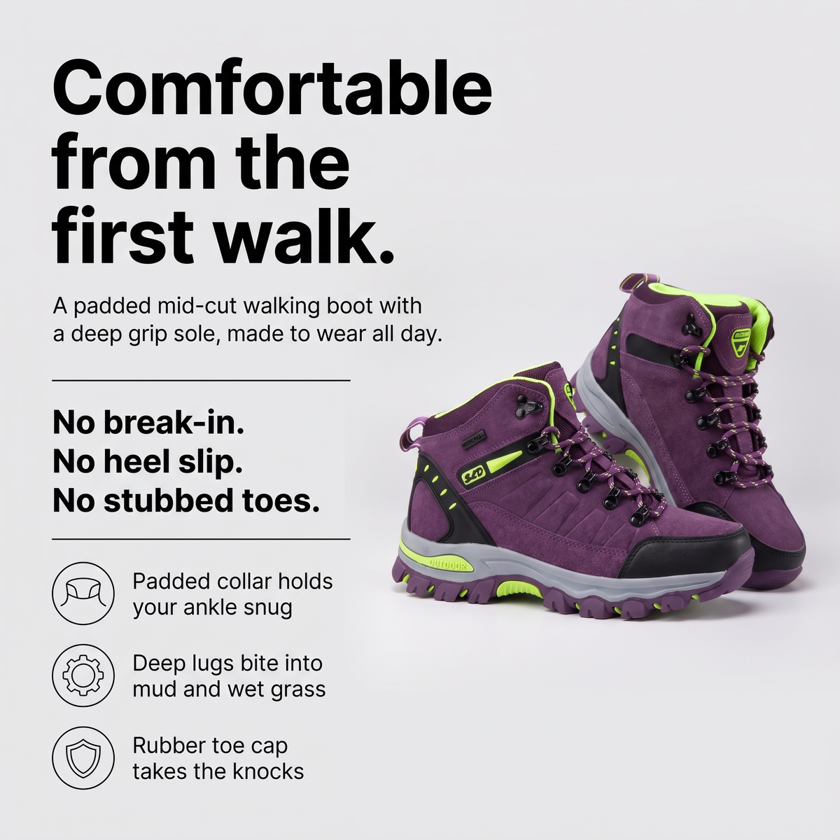 Comfortable from the first walk: padded collar, deep lugs and rubber toe cap