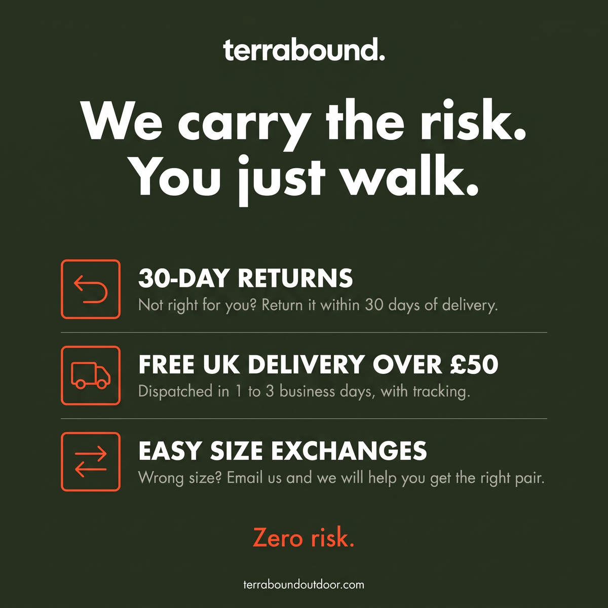 Terrabound 30-day returns, free UK delivery over £50 and easy size exchanges