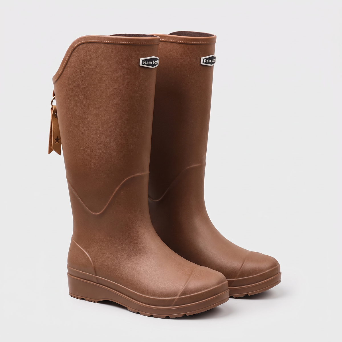 Women's knee high wellies in Brown, three-quarter front view