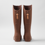 Women's knee high wellies in Brown from the back, showing the pull tabs