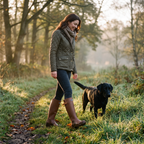 Woman walking a labrador through dewy grass in the women's wellies in Brown