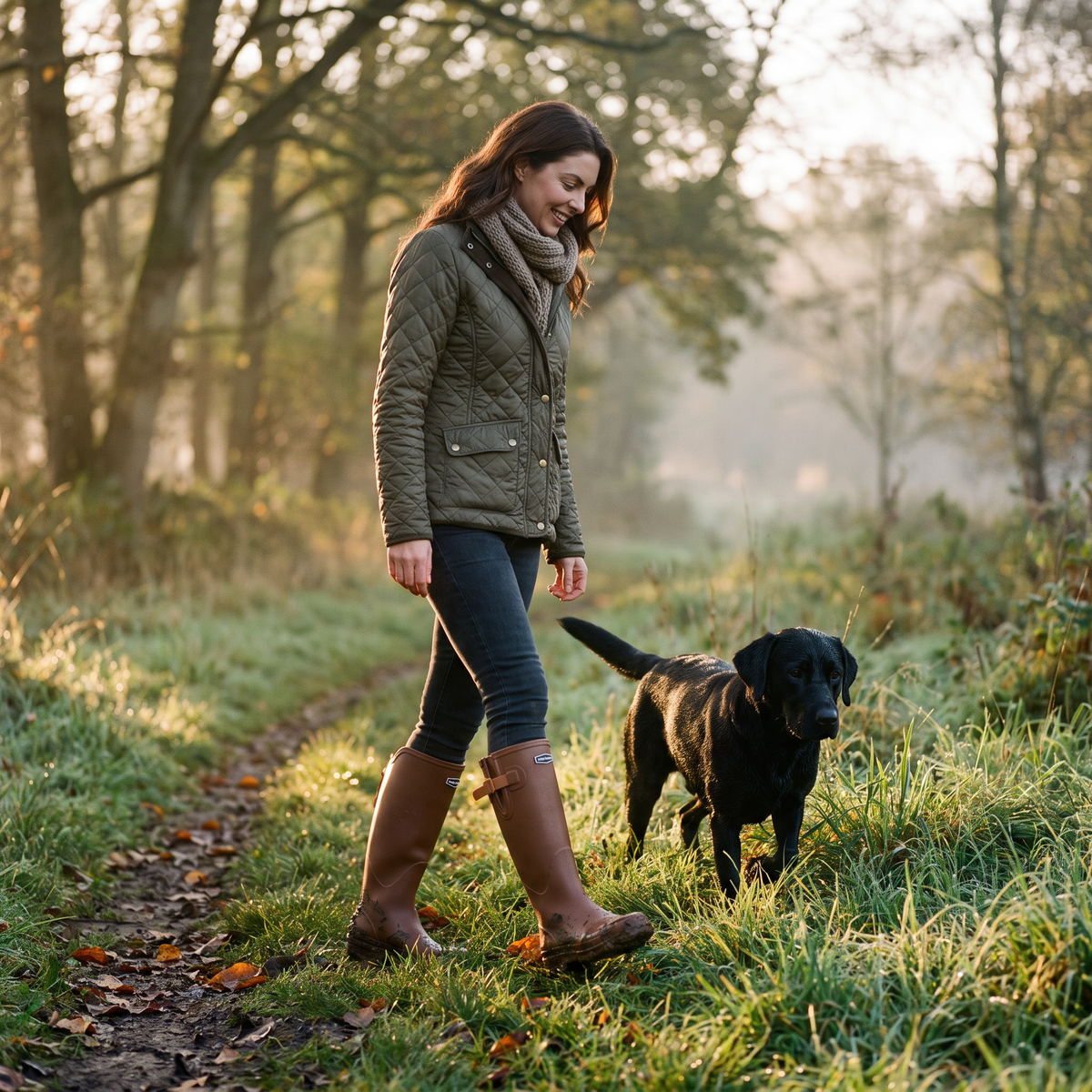 Woman walking a labrador through dewy grass in the women's wellies in Brown