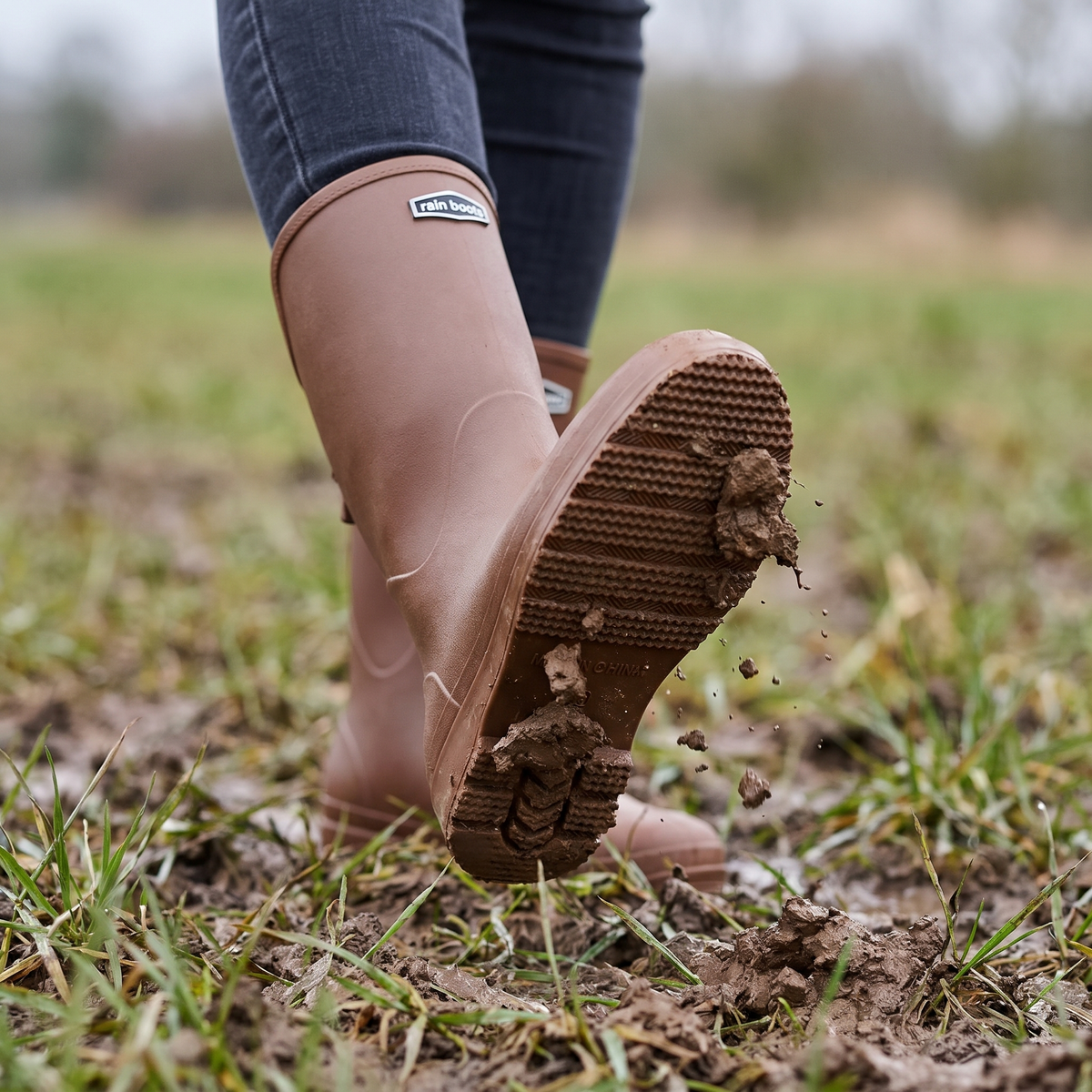 Lugged grip sole of the women's wellies stepping through clay mud