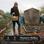 Woman at an allotment in the women's knee high wellies