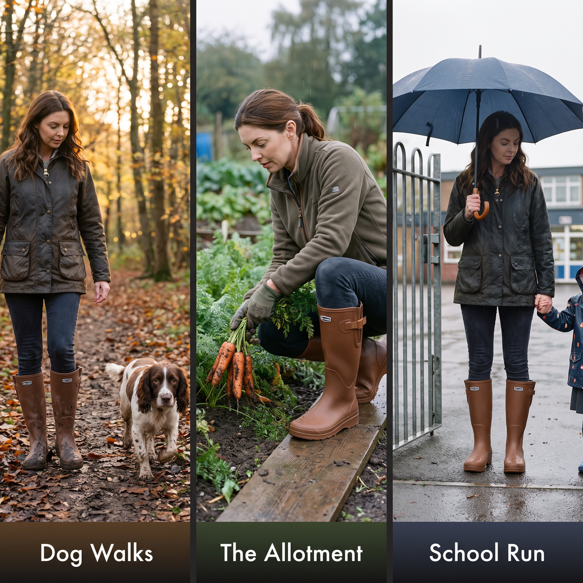 The women's wellies on a dog walk, at the allotment and on the school run