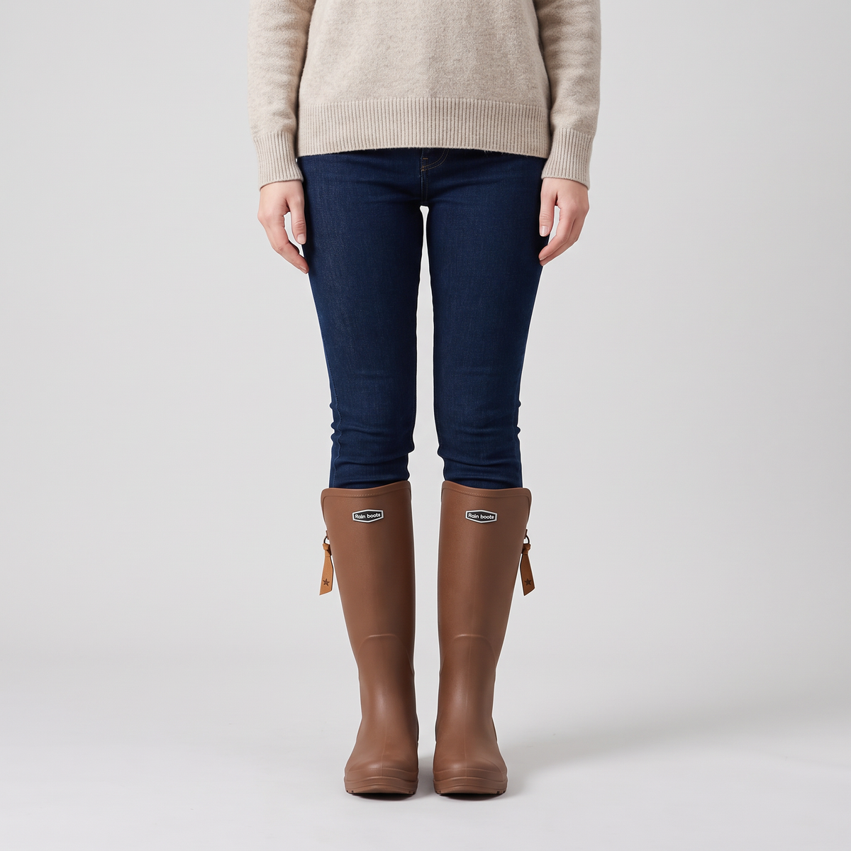 Women's knee high wellies in Brown worn with jeans tucked in, front view