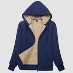 Women's sherpa lined zip up hoodie in Navy, front view