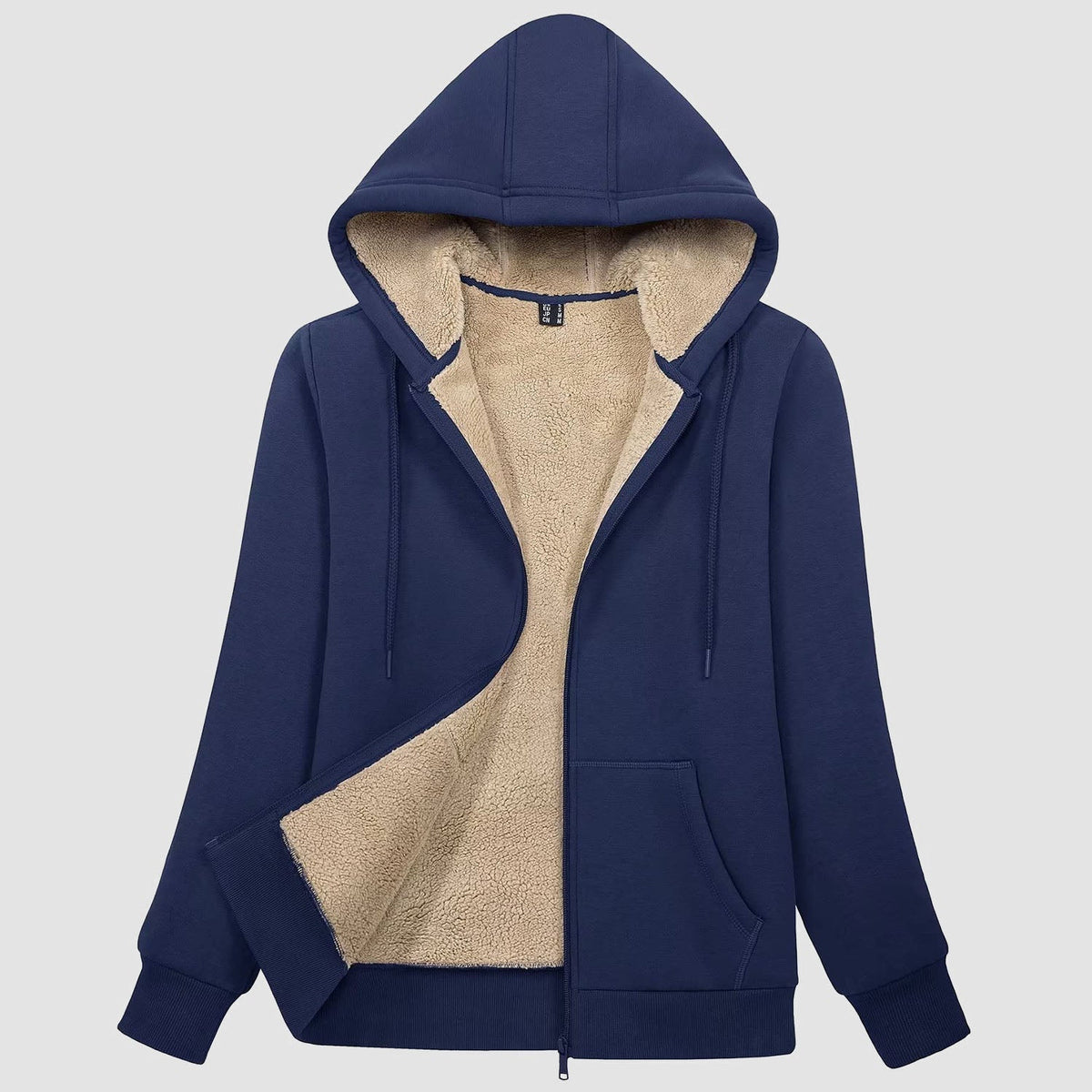Women's sherpa lined zip up hoodie in Navy, front view