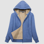 Women's sherpa lined zip up hoodie in Grey Blue, front view