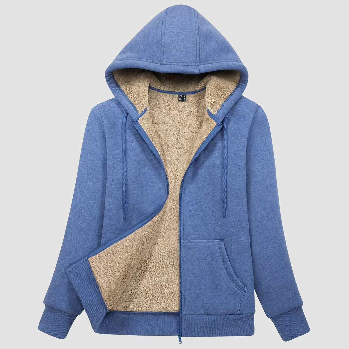 Women's sherpa lined zip up hoodie in Grey Blue, front view
