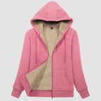 Women's sherpa lined zip up hoodie in Pink, front view
