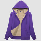 Women's sherpa lined zip up hoodie in Purple, front view