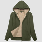 Women's sherpa lined zip up hoodie in Army Green, front view