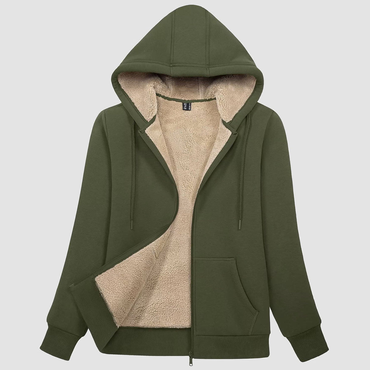 Women's sherpa lined zip up hoodie in Army Green, front view