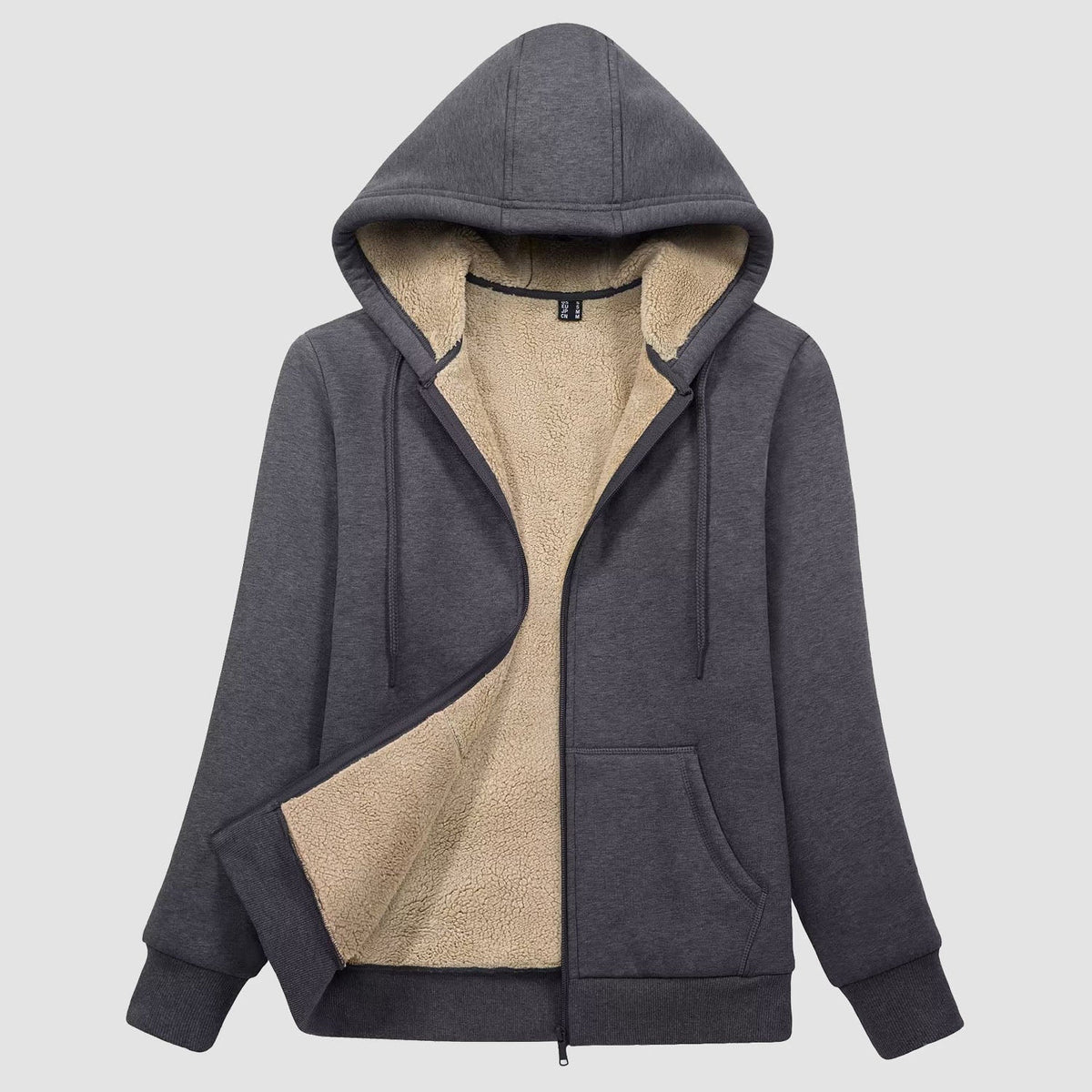 Women's sherpa lined zip up hoodie in Dark Grey, front view