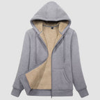 Women's sherpa lined zip up hoodie in Light Grey, front view