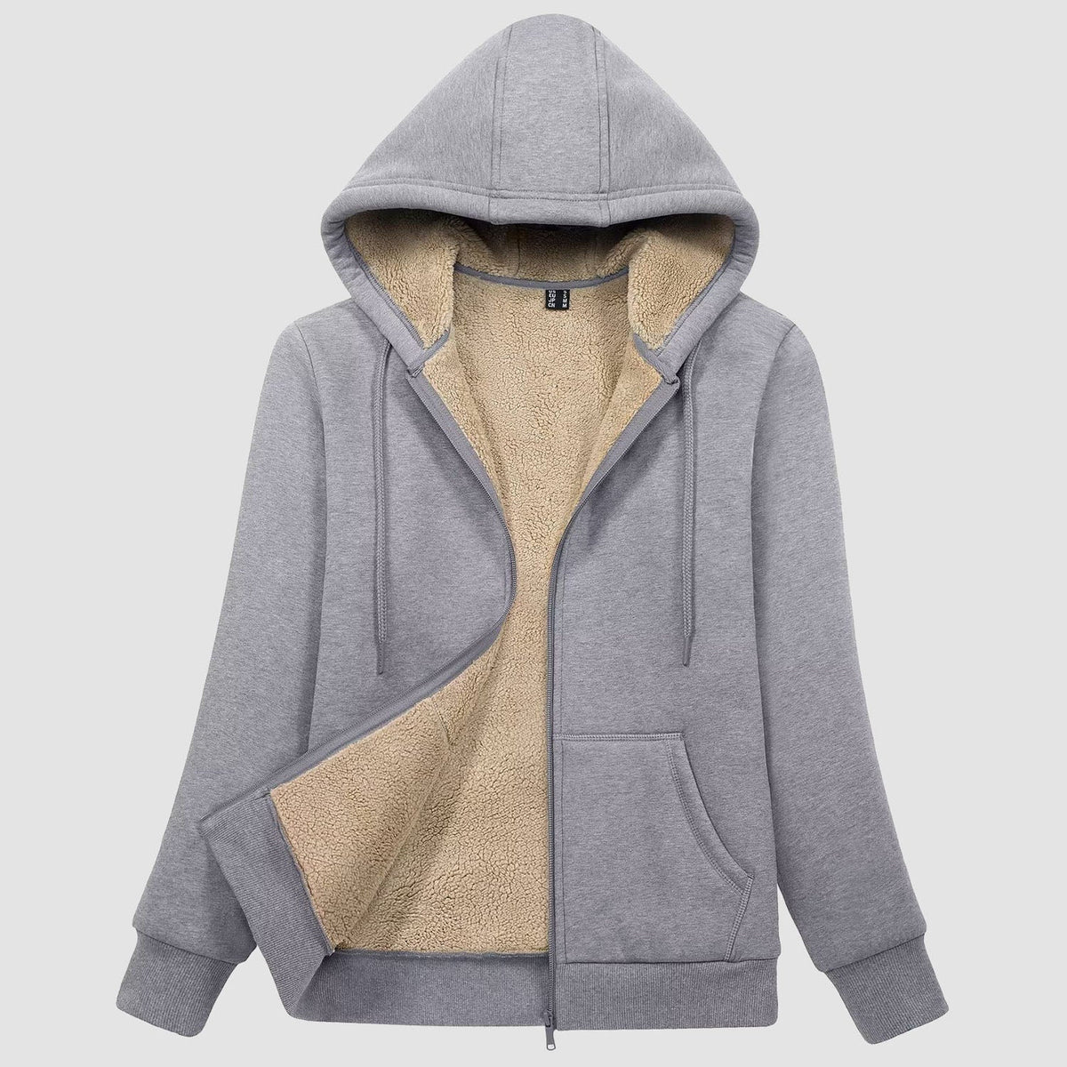 Women's sherpa lined zip up hoodie in Light Grey, front view