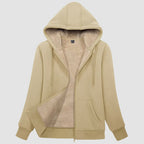 Women's sherpa lined zip up hoodie in Khaki, front view