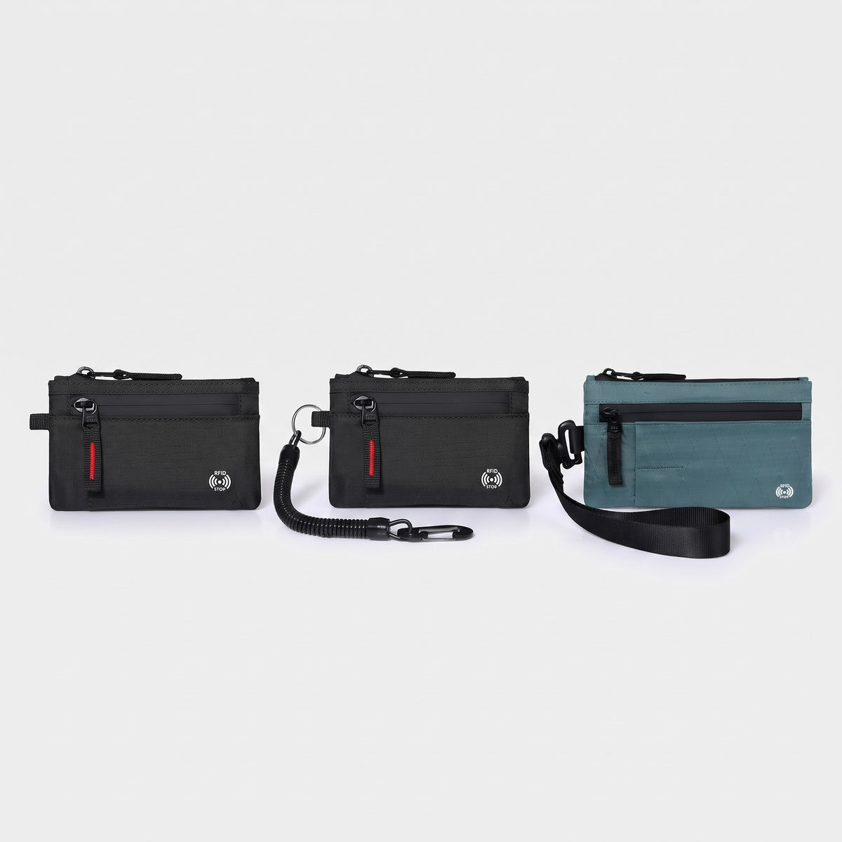Zip card holder three ways: plain, with coiled tether cord, and with wrist strap