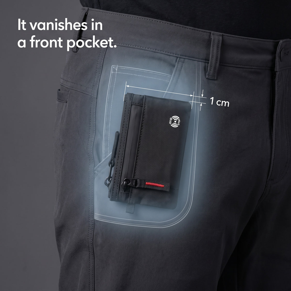 See-through trouser pocket showing the 1 cm zip card holder sitting flat inside