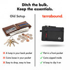 A bulky leather wallet, keys and loose coins compared with the slim zip card holder