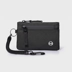 Zip card holder in Black with coiled tether cord, key ring and clip
