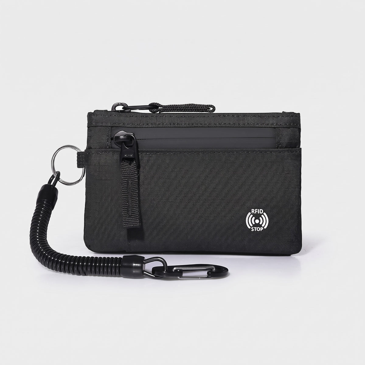 Zip card holder in Black with coiled tether cord, key ring and clip