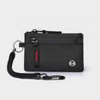 Zip card holder in Black Red with coiled tether cord, key ring and clip