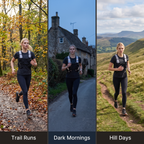 Woman wearing the Terrabound trail running vest on trail runs, dark mornings and hill days