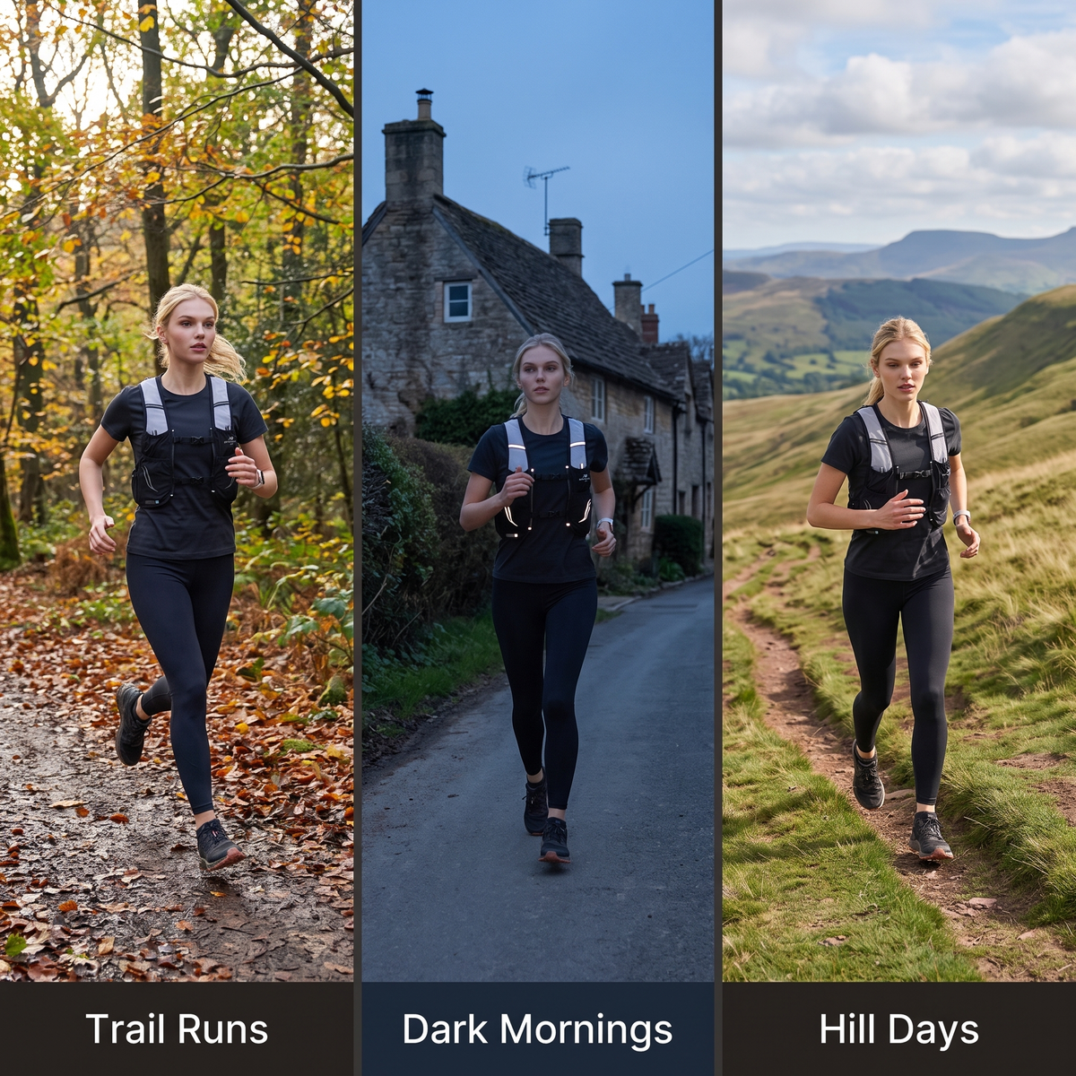 Woman wearing the Terrabound trail running vest on trail runs, dark mornings and hill days
