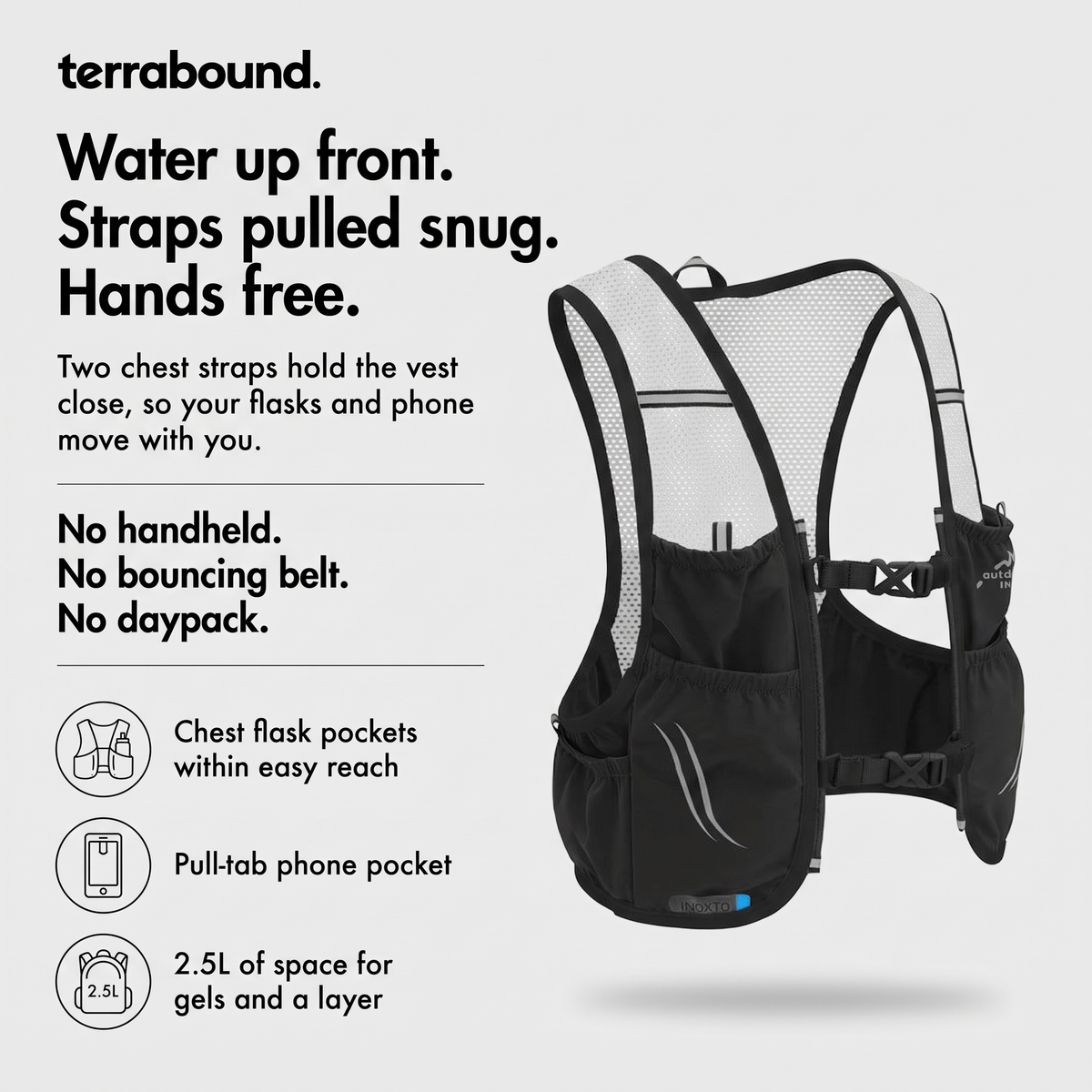 Terrabound trail running vest infographic: water up front, straps pulled snug, hands free