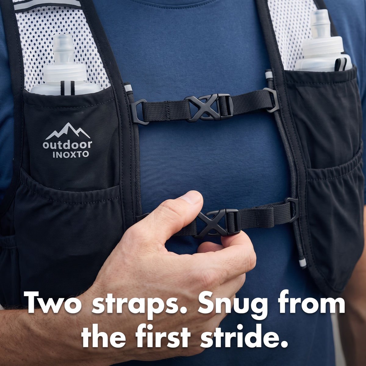 Fingers clipping the X-shaped chest strap buckle of the Terrabound trail running vest